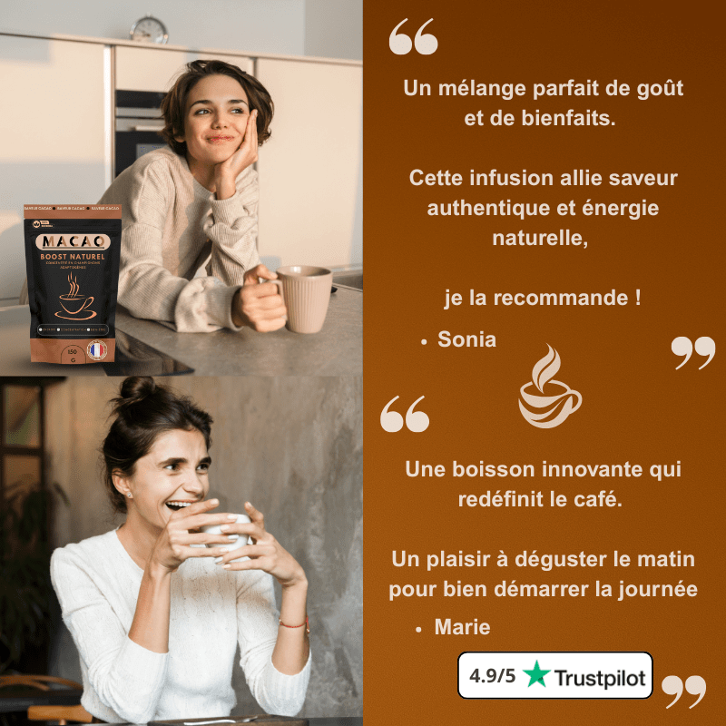 Témoignages clients sur Macao – boisson naturelle sans caféine, savoureuse et énergisante, notée 4.9/5 sur Trustpilot.