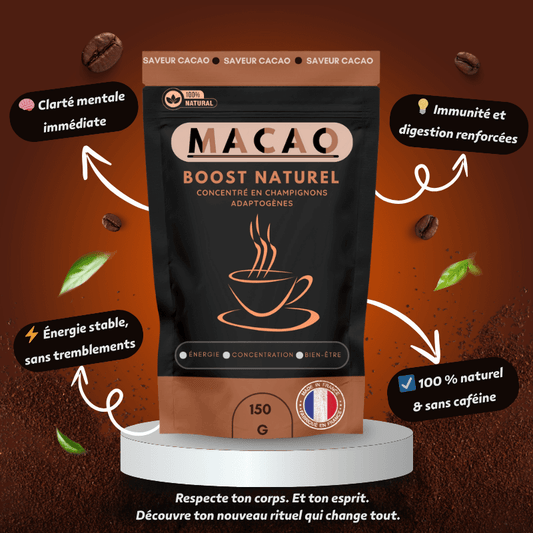 Sachet de la boisson Macao aux champignons adaptogènes – boost naturel de l’immunité, de l’énergie et de la concentration.